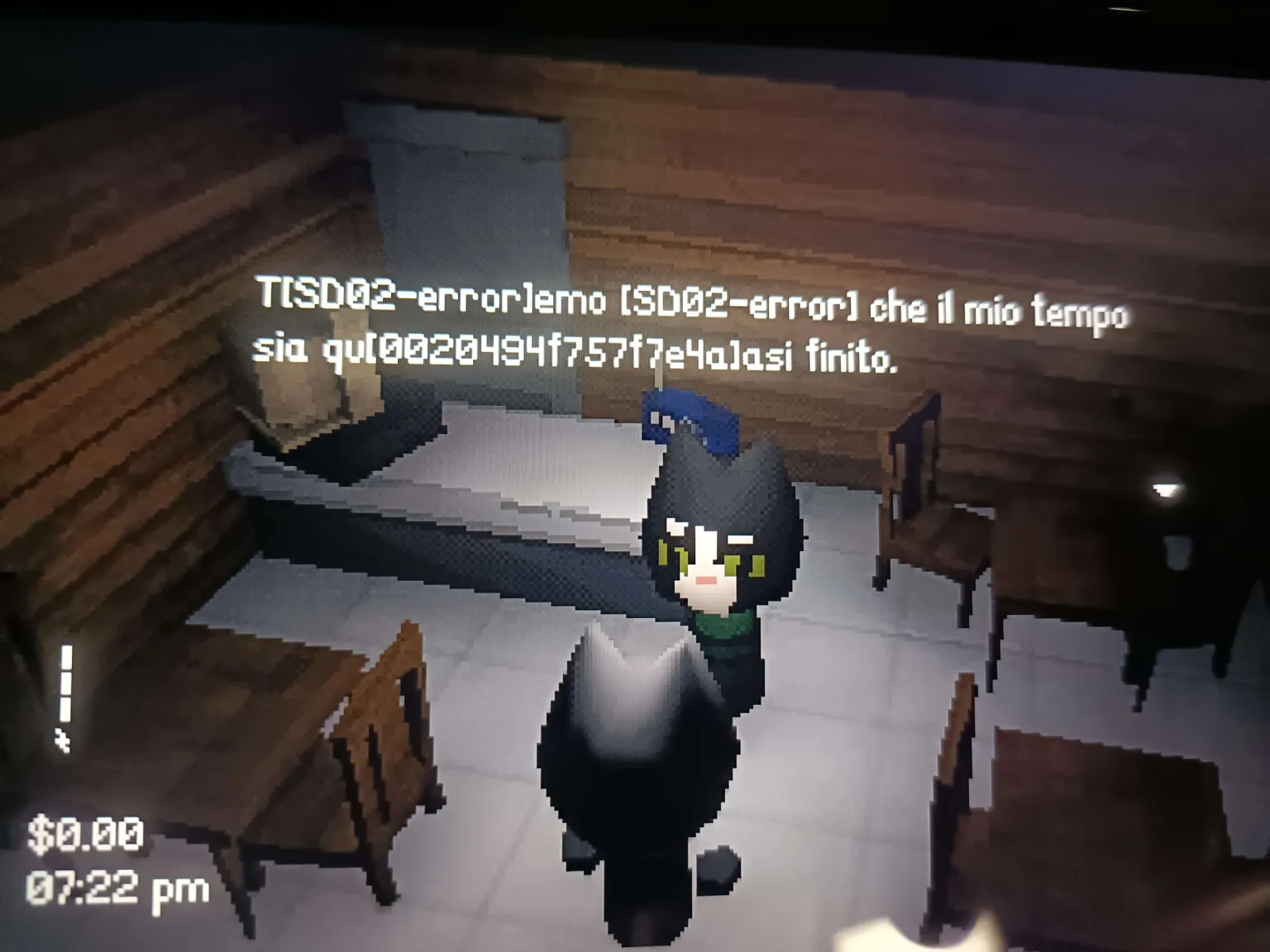 Screenshot di un videogioco con la traduzione italiana automatica: «T[SD02-error]emo [SD02-error] che il mio tempo sia qu[0020494f757f7e4a]asi finito.»