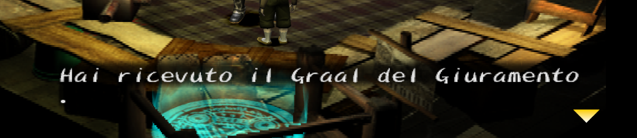 Screenshot di Shadow Hearts con la traduzione italiana automatica: «Hai ricevuto il Graal del Giuramento / .»