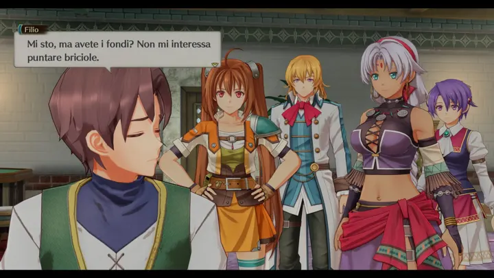 Screenshot di Trails in the Sky 1st Chapter con la traduzione italiana automatica: «Mi sto, ma avete i fondi? Non mi interessa / puntare briciole.»