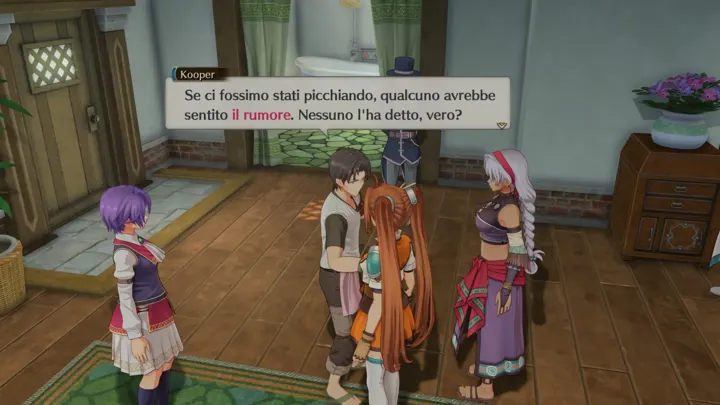 Screenshot di Trails in the Sky 1st Chapter con la traduzione italiana automatica: «Se ci fossimo stati picchiando, qualcuno avrebbe / sentito il rumore. Nessuno l’ha detto, vero?»