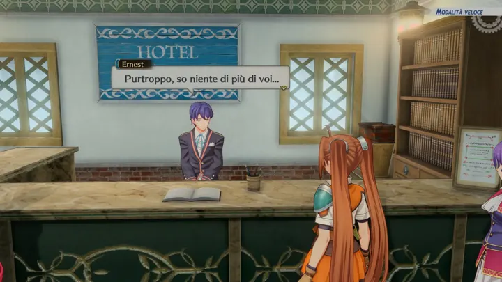 Screenshot di Trails in the Sky 1st Chapter con la traduzione italiana automatica: «Purtroppo, so niente di più di voi...»