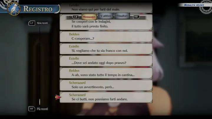 Screenshot di Trails in the Sky 1st Chapter con la traduzione italiana automatica: «Se cooperi con le indagini, / il tutto sarà presto finito. / ... / Solo un avvertimento,…
