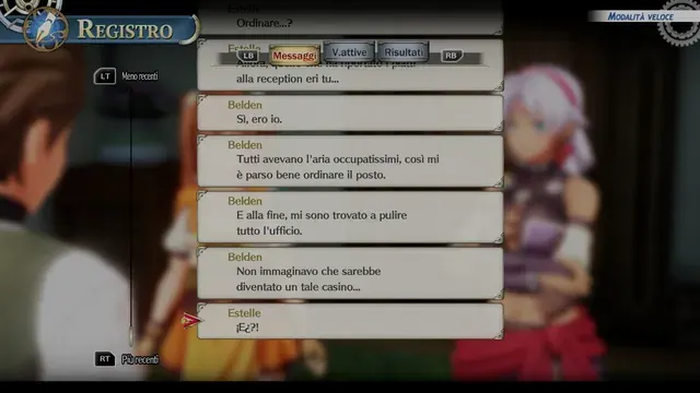 Screenshot di Trails in the Sky 1st Chapter con la traduzione italiana automatica: «Tutti avevano l’aria occupatissimi, così mi / è parso bene ordinare il posto. / E alla fine,…