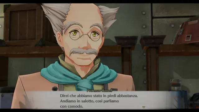 Screenshot di Trails in the Sky 1st Chapter con la traduzione italiana automatica: «Direi che abbiamo stato in piedi abbastanza. / Andiamo in salotto, così parliamo / con comodo.»