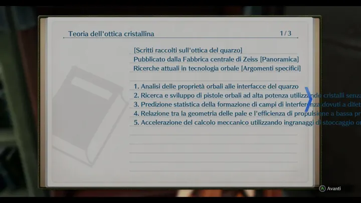 Screenshot di Trails in the Sky 1st Chapter con la traduzione italiana automatica: «2. Ricerca e sviluppo di pistole orbali ad alta potenza utilizzando cristalli senza... / 3.…