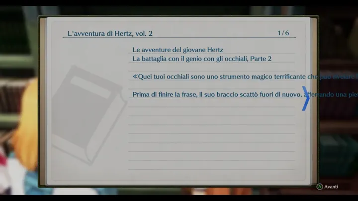 Screenshot di Trails in the Sky 1st Chapter con la traduzione italiana automatica: «≪Quei tuoi occhiali sono uno strumento magico terrificante che può rivelare l... / Prima di…