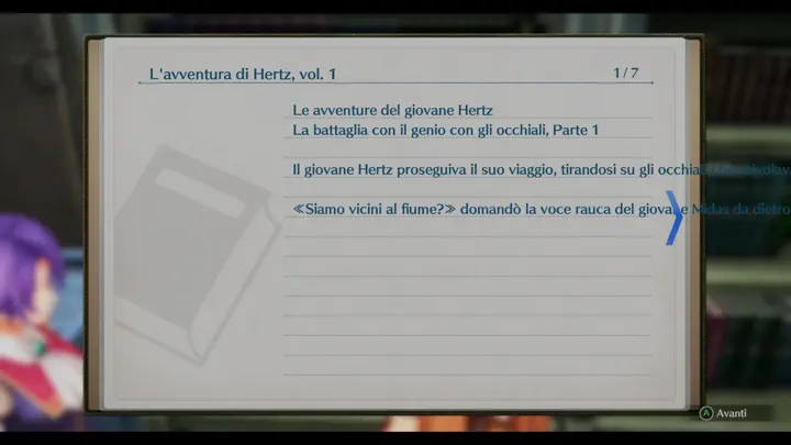 Screenshot di Trails in the Sky 1st Chapter con la traduzione italiana automatica: «Il giovane Hertz proseguiva il suo viaggio, tirandosi su gli occhiali che scivolava... /…