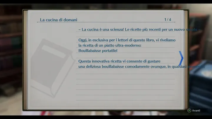 Screenshot di Trails in the Sky 1st Chapter con la traduzione italiana automatica: «~ La cucina è una scienza! Le ricette più recenti per un nuovo secolo ~ / ... / una deliziosa…