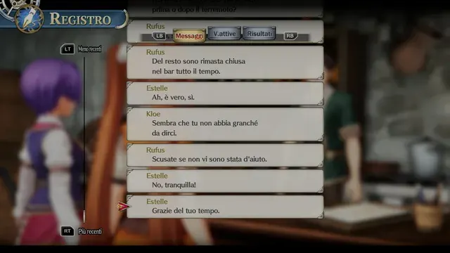 Screenshot di Trails in the Sky 1st Chapter con la traduzione italiana automatica: «Del resto sono rimasta chiusa / nel bar tutto il tempo. / ... / Scusate se non vi sono stata…