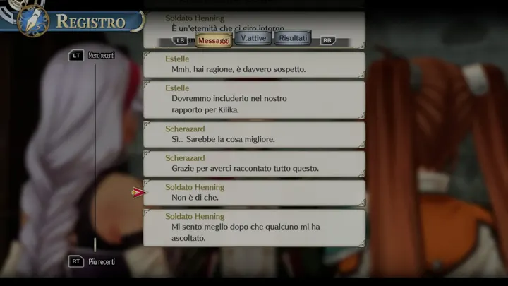 Screenshot di Trails in the Sky 1st Chapter con la traduzione italiana automatica: «Soldato Henning / Non è di che. / Mi sento meglio dopo che qualcuno mi ha / ascoltato.»