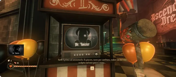 Screenshot di Twisted Tower con la traduzione italiana automatica: «Sarò il primo ad ammetterlo: fa piacere, tanto per cambiare, vedere un bel viso scolpito nel mio parco a…