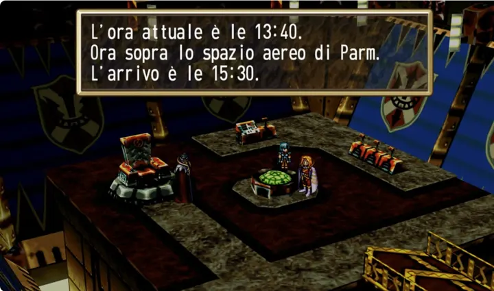Screenshot di Grandia con la traduzione italiana automatica: «L’ora attuale è le 13:40. / Ora sopra lo spazio aereo di Parm. / L’arrivo è le 15:30.»