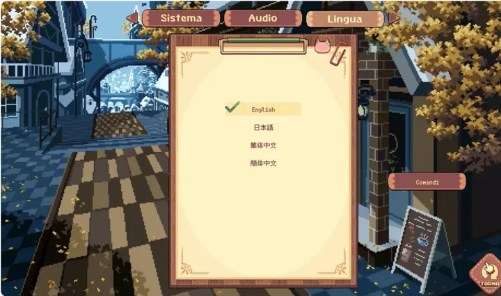 Screenshot di un videogioco con la traduzione italiana automatica: «Sistema / Audio / Lingua / English / 日本語 / 繁体中文 / 簡体中文 / Comandi / TORNA»