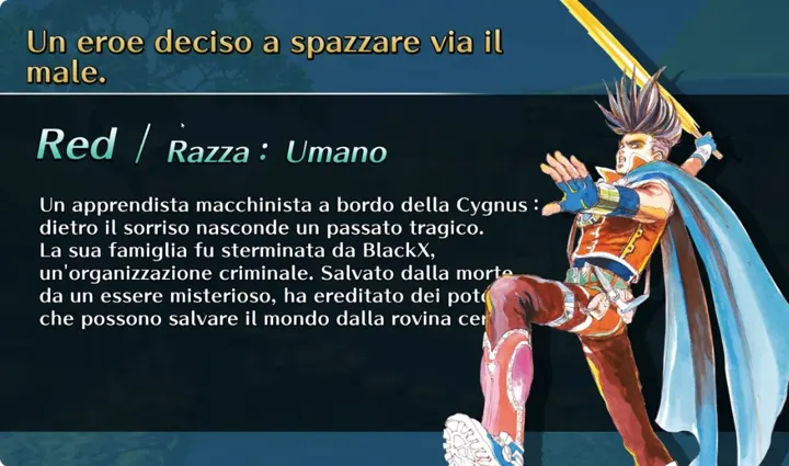 Screenshot di SaGa Frontier Remastered con la traduzione italiana automatica: «Red / Razza : Umano / Un apprendista macchinista a bordo della Cygnus : dietro il sorriso nasconde…