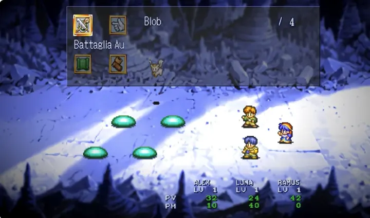 Screenshot di LUNAR Remastered Collection con la traduzione italiana automatica: «Blob / Battaglia Au»