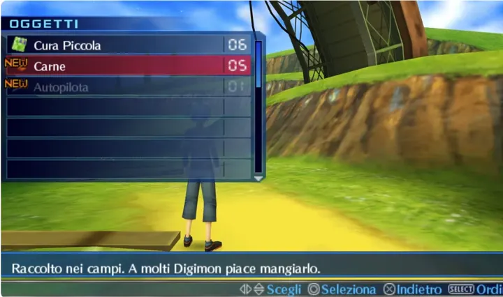 Screenshot di Digimon World Re:Digitize con la traduzione italiana automatica: «Carne / Raccolto nei campi. A molti Digimon piace mangiarlo.»