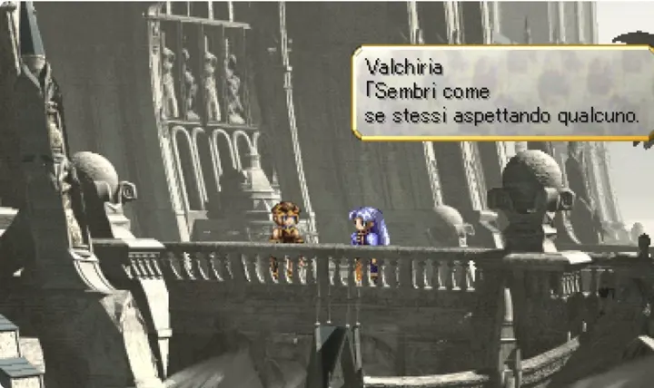 Screenshot di Valkyrie Profile: Lenneth con la traduzione italiana automatica: «Valchiria / 「Sembri come se stessi aspettando qualcuno.»