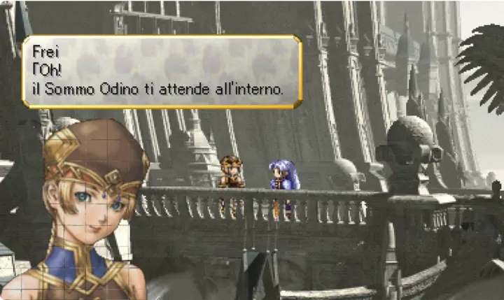 Screenshot di Valkyrie Profile: Lenneth con la traduzione italiana automatica: «「Oh! / il Sommo Odino ti attende all’interno.»