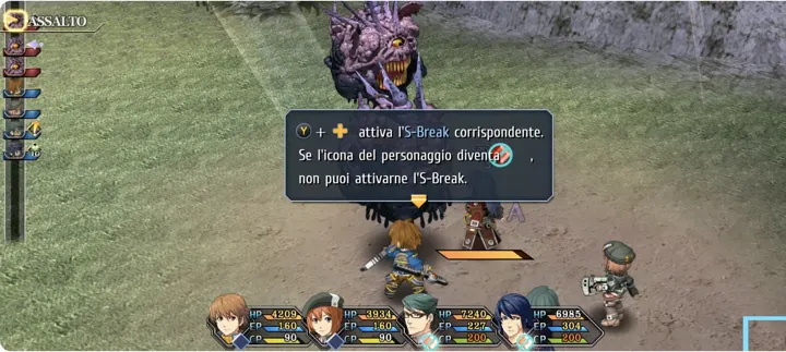 Screenshot di Trails to Azure con la traduzione italiana automatica: «[Y] + [croce] attiva l'S-Break corrispondente. / Se l'icona del personaggio diventa[icona] , / non puoi…