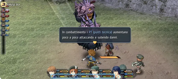 Screenshot di Trails to Azure con la traduzione italiana automatica: «In combattimento i PT (punti tecnica) aumentano / poco a poco attaccando e subendo danni.»