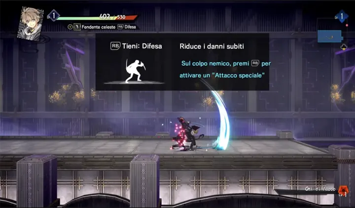 Screenshot di Kyoto Xanadu con la traduzione italiana automatica: «[RB] Tieni: Difesa / Riduce i danni subiti / Sul colpo nemico, premi [RB] per attivare un "Attacco speciale"»