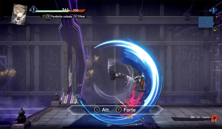 Screenshot di Kyoto Xanadu con la traduzione italiana automatica: «[X] Att. / [Y] Forte»