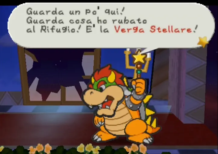 Screenshot di Paper Mario con la traduzione italiana automatica: «Guarda un po' qui! / Guarda cosa ho rubato / al Rifugio! E' la Verga Stellare!»