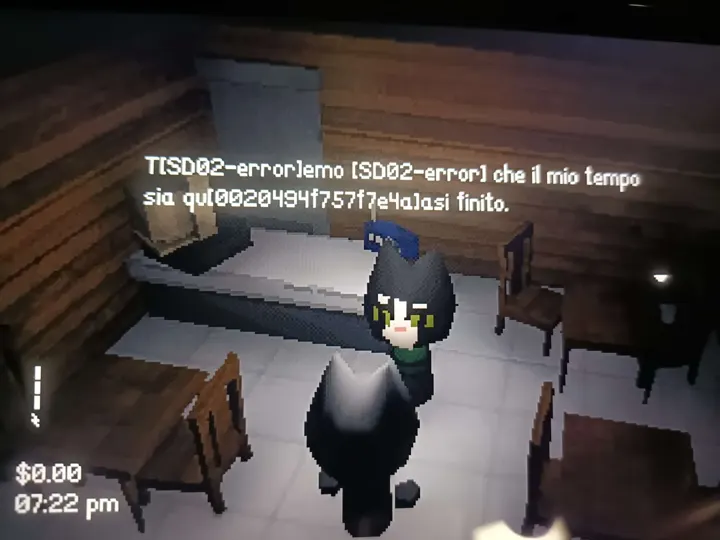 Screenshot di un videogioco con la traduzione italiana automatica: «T[SD02-error]emo [SD02-error] che il mio tempo sia qu[0020494f757f7e4a]asi finito.»