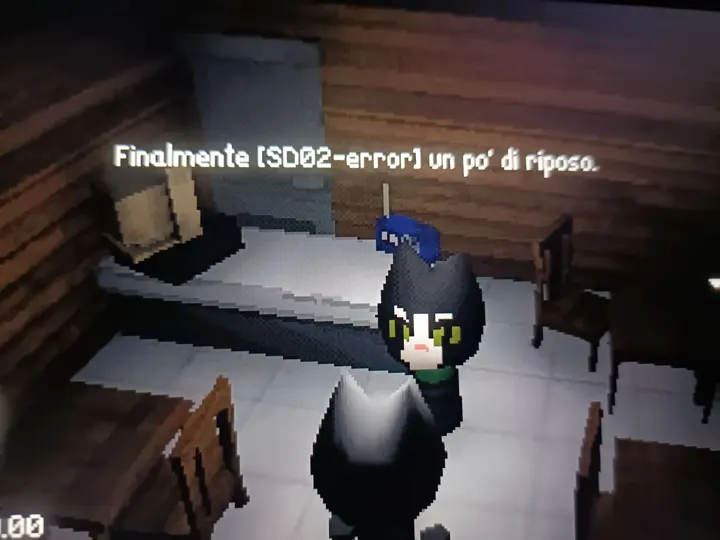 Screenshot di un videogioco con la traduzione italiana automatica: «Finalmente [SD02-error] un po’ di riposo.»