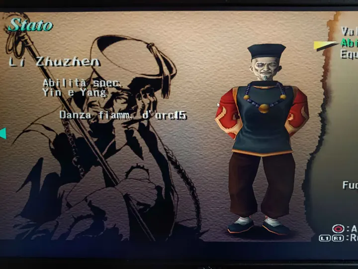 Screenshot di Shadow Hearts: Covenant con la traduzione italiana automatica: «Abilità spec. / Yin e Yang / Danza fiamm. d’orc15»