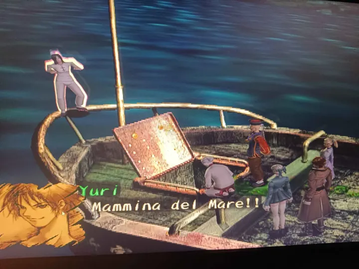 Screenshot di Shadow Hearts: Covenant con la traduzione italiana automatica: «Yuri: Mammina del Mare!!»