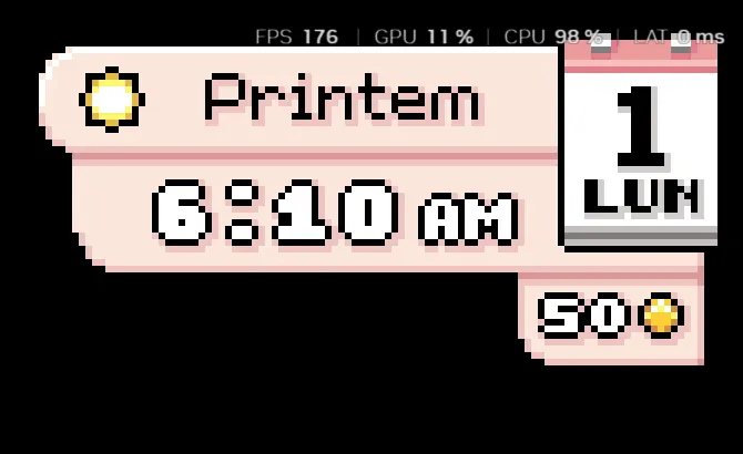 Screenshot di un videogioco con la traduzione italiana automatica: «Printem / 6:10 AM / 1 LUN / 50»
