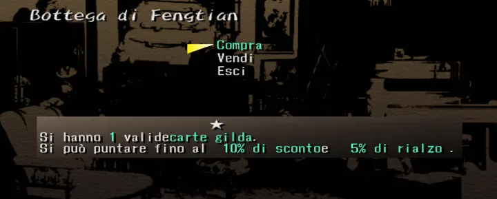 Screenshot di Shadow Hearts con la traduzione italiana automatica: «Bottega di Fengtian / Compra / Vendi / Esci / Si hanno 1 validecarte gilda. / Si può puntare fino al 10% di…