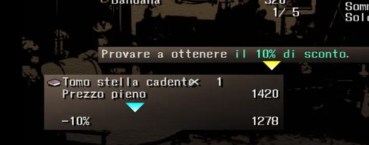 Screenshot di Shadow Hearts con la traduzione italiana automatica: «Provare a ottenere il 10% di sconto. / Tomo stella cadente× 1 / Prezzo pieno 1420 / -10% 1278»