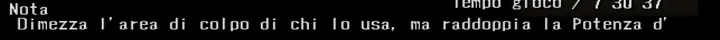 Screenshot di Shadow Hearts con la traduzione italiana automatica: «Nota / Dimezza l’area di colpo di chi lo usa, ma raddoppia la Potenza d’»
