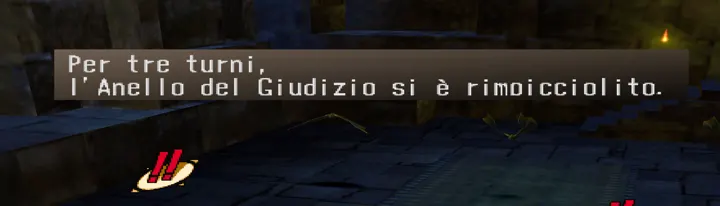 Screenshot di Shadow Hearts con la traduzione italiana automatica: «Per tre turni, / l’Anello del Giudizio si è rimoicciolito.»