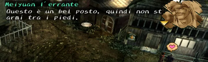 Screenshot di Shadow Hearts con la traduzione italiana automatica: «Meiyuan l’errante / Questo è un bel posto, quindi non st / armi tra i piedi.»