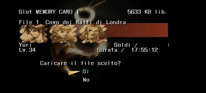 Screenshot di Shadow Hearts con la traduzione italiana automatica: «Slot MEMORY CARD 1 5633 KB lib. / File 1 Covo dei Ratti di Londra / Yuri Lv.34 / Soldi / / Durata / 17:55:12 /…