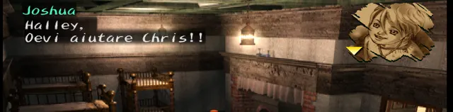 Screenshot di Shadow Hearts con la traduzione italiana automatica: «Joshua / Halley, / Oevi aiutare Chris!!»