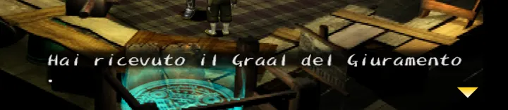 Screenshot di Shadow Hearts con la traduzione italiana automatica: «Hai ricevuto il Graal del Giuramento / .»