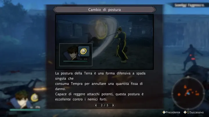 Screenshot di Fate/Samurai Remnant con la traduzione italiana automatica: «La postura della Terra è una forma difensiva a spada / singola che / consuma Tempra per annullare una…