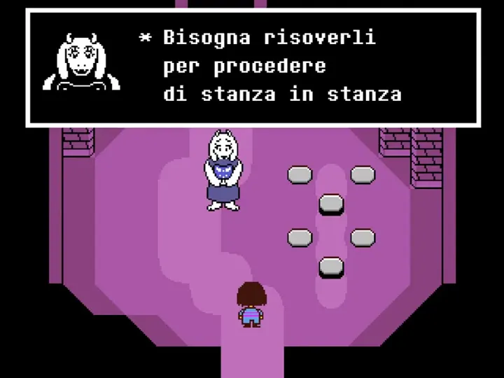 Screenshot di Undertale con la traduzione italiana automatica: «* Bisogna risoverli / per procedere / di stanza in stanza.»