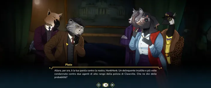 Screenshot di Moses & Plato con la traduzione italiana automatica: «Plato / Allora, per ora, è la tua parola contro la nostra, HonkHonk. Un delinquente incallito e più volte /…