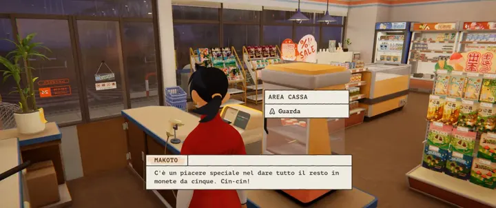 Screenshot di inKONBINI con la traduzione italiana automatica: «MAKOTO / C’è un piacere speciale nel dare tutto il resto in / monete da cinque. Cin-cin!»