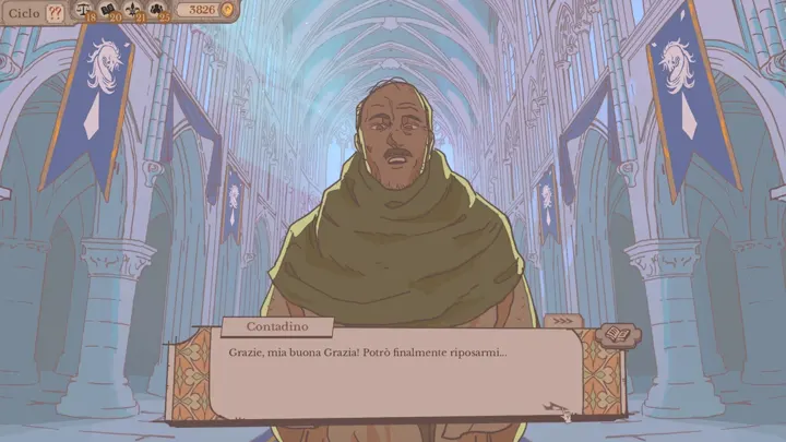 Screenshot di Sovereign Tower con la traduzione italiana automatica: «Contadino / Grazie, mia buona Grazia! Potrò finalmente riposarmi...»