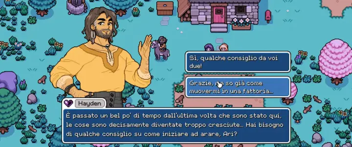 Screenshot di Fields of Mistria con la traduzione italiana automatica: «Hayden / È passato un bel po’ di tempo dall’ultima volta che sono stato qui, / le cose sono decisamente…