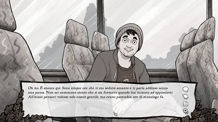 Screenshot di Scarlet Hollow con la traduzione italiana automatica: «All’inizio pensavi volesse solo essere gentile, ma erano parecchie ore di monologo fa.»