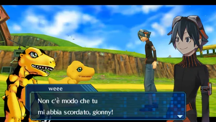 Screenshot di Digimon World Re:Digitize con la traduzione italiana automatica: «Non c'è modo che tu / mi abbia scordato, gionny!»