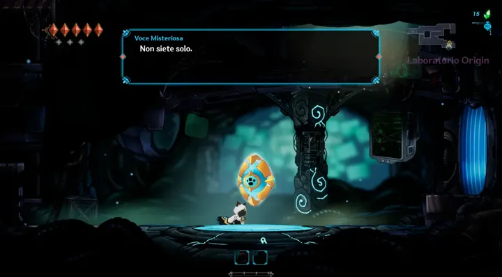 Screenshot di Fatal Claw con la traduzione italiana automatica: «Voce Misteriosa / Non siete solo.»