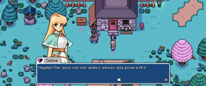 Screenshot di Fields of Mistria con la traduzione italiana automatica: «Celine / Hayden! Per poco non non andavi adosso alla povera Ari!»